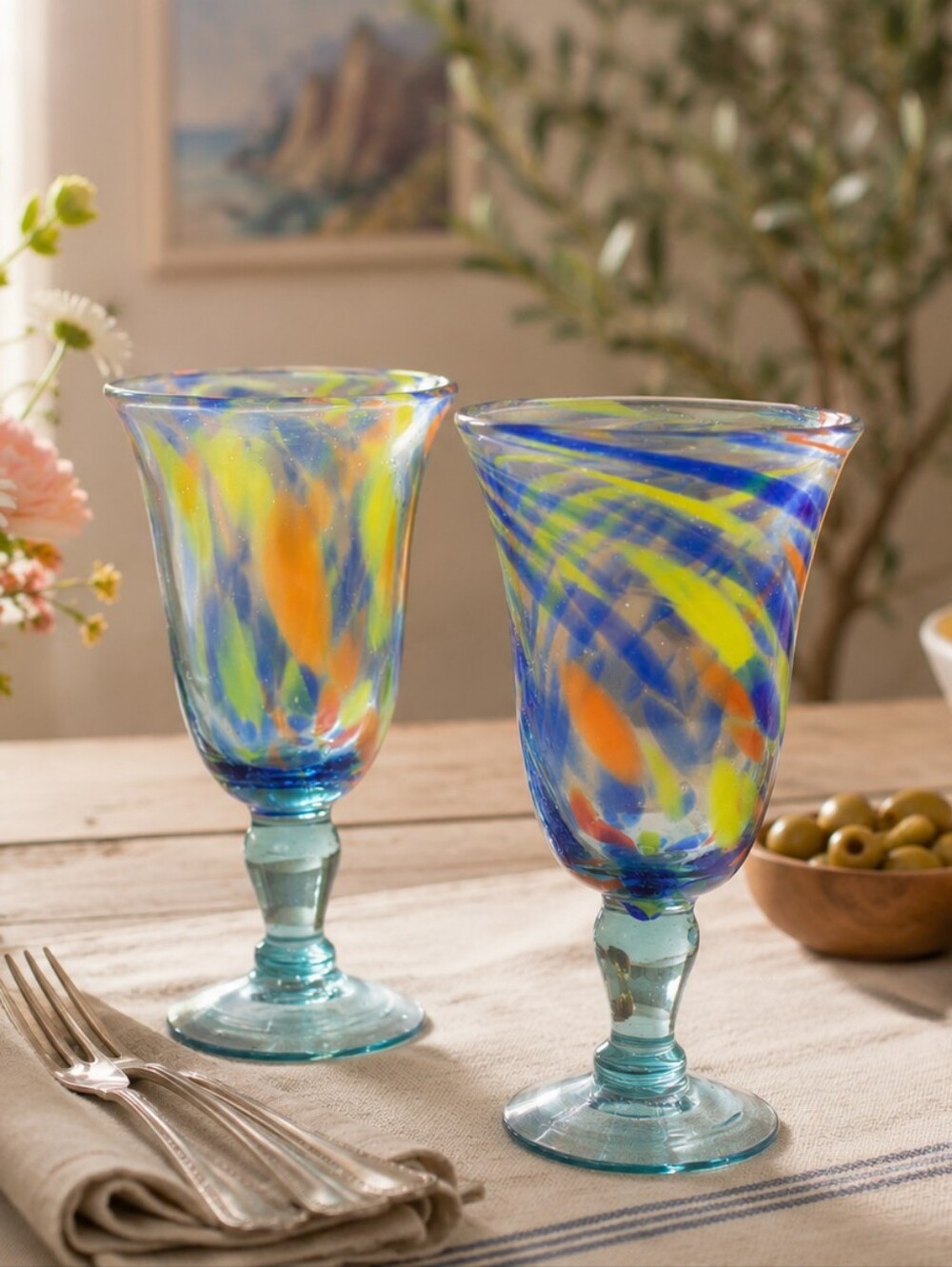 Vintage Hand Blown Confetti Glass Goblets - Multi-Color Splatter Art Glass Wine